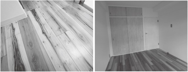 見た目も質感も、本物のフローリングかと思うほど表情がある素材です。木目豊かな柄ものから、モダンシンプルな柄まで幅広くあります。