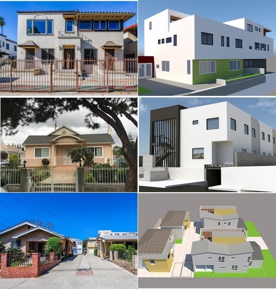 イーストハリウッドで進行中のプロジェクト（写真左は取得物件、右は完成予想パース）