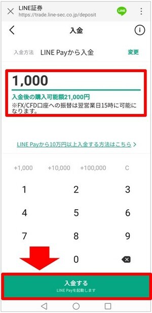 入金する額を入力(100円~100万円)し、「入金する」をタップします
