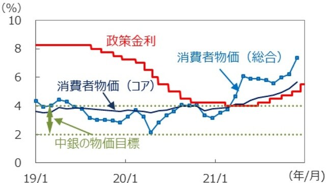 （注）政策金利は2019年1月1日～2021年12月31日。 消費者物価は前年同月比、2019年1月～2021年11月。 （出所）FactSet、メキシコ中央銀行のデータを基に三井住友DSアセットマネジメント作成