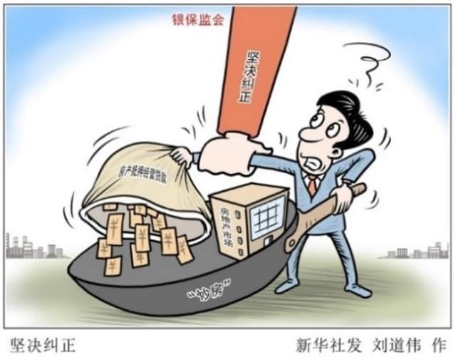 （注）「坚决纠正」は「徹底的に是正」、「房产抵押经营贷款」は「不動産担保経営融資。「炒房」は「不動産投機」で、似た発音の「炒飯」、チャーハンとかけた表現のため、鍋を振る様が描かれている。 （出所）2020年4月22日付新華社より転載
