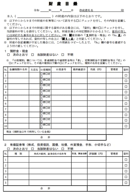 資料：財産目録（家庭裁判所サイトより）