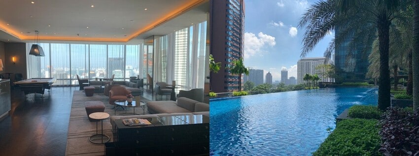 左／フォーシーズンズプレースの入居者専用ラウンジ  右/ザ リッツカールトンレジデンスのスイミングプール