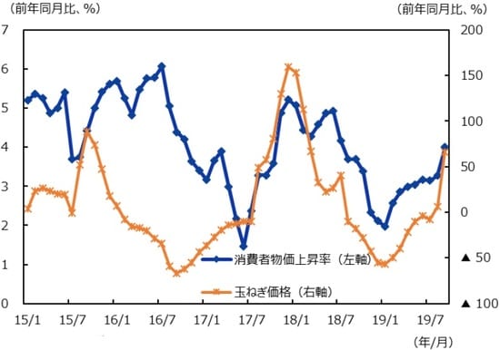 （注1）玉ねぎ価格は消費者物価指数の品目。 （注2）データは2015年1月～2019年9月。  （出所）CEICのデータを基に三井住友DSアセットマネジメント作成