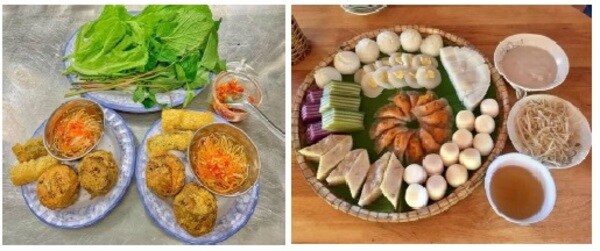 （図表左）バインコンBanh Cong : 緑色の豆、キャッサバの根、豚肉、エビ等 （図表右）地元の民族ケーキ