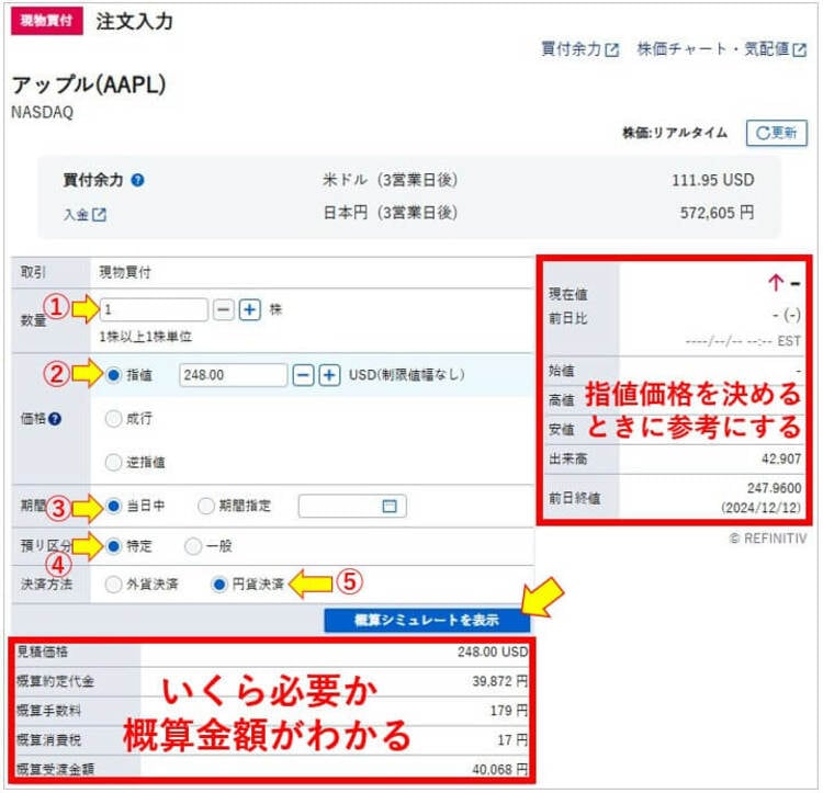 アップル（AAPL）の注文画面