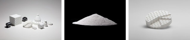 左：アルミナ系粉末”AY-01F” 中央：セラミックス粉末による造形品 右：“AY-01F”による構造体サンプル
