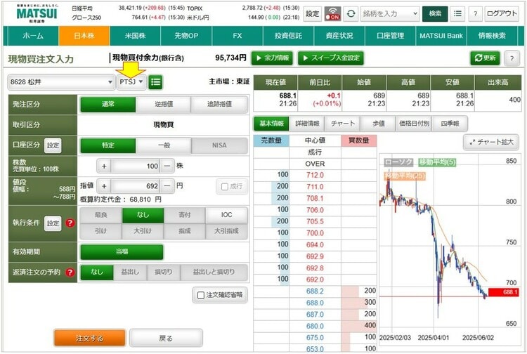 松井証券のお客様サイトの注文画面