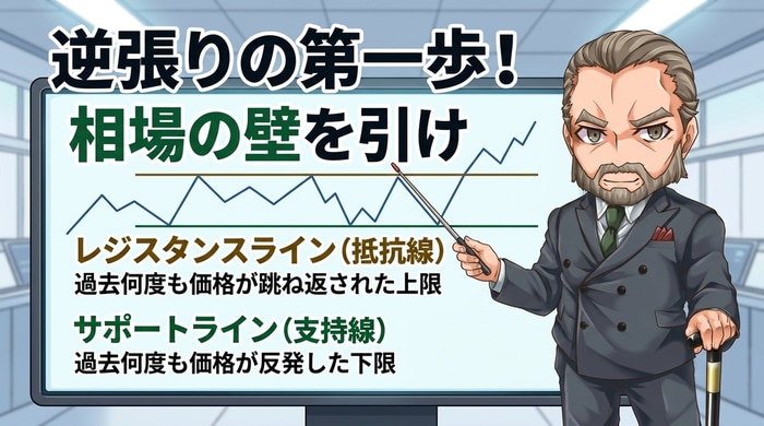 バイナリーオプション逆張りは1時間足でレジサポラインを引く