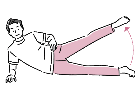 ［図表5］横向きになり、手で体を支える。上の脚を伸ばしたまま持ち上げ、下ろす。