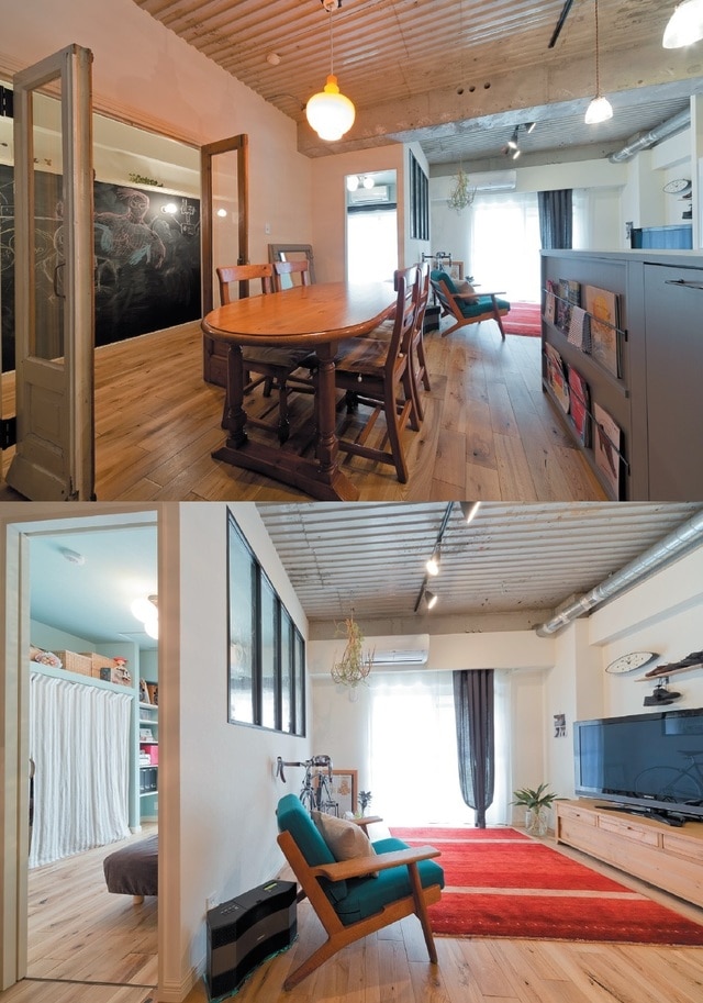 （上）ズドーンとダイニングドアはビンテージ。（下）天井のガルバリウムと床の無垢とアートギャッベ、ウェグナーのソファ。