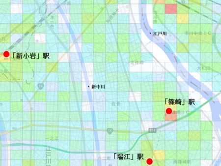 【図表3】篠崎駅付近の将来人口メッシュ分析（2025→2045年増減数） 出所：国土交通省「250ｍメッシュ別将来推計人口データ（Ｒ6国政局推計）」