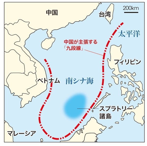 オランダ・ハーグの仲裁裁判所は九段線に「法的根拠はない」と判断しているが、中国はスプラトリー諸島を含む南シナ海のほぼ全域（赤い破線で囲まれた部分）の領有権を主張している。