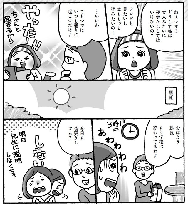 【紗良が学んだこと】 親は、ときには、自分の不安に目をつぶって、子どもに失敗させることも必要だと思います。失敗から多くのことを学べるからです。紗良はこの失敗から、自分で時間を管理する大切さと、自分の失敗には自分で責任を持つことの大切さを学びました。 （マンガ：ふじいまさこ）