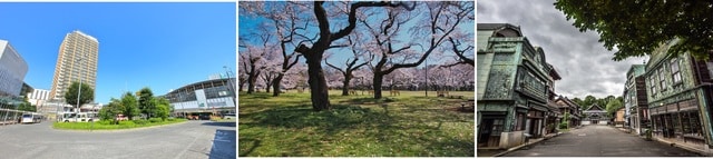 写真左より、再開発して様変わりした駅南口/1700本もの桜が咲く「都立小金井公園」/江戸・東京の歴史的な建物を移築保存する「江戸東京たてもの園」