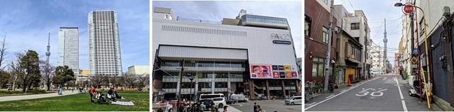 写真左より、「錦糸公園」は周辺住民の憩いの場。家族も多くほのぼのした雰囲気／2019年3月にオープンした「錦糸町PARCO」／大通りから一本入ると墨田区らしい下町の情景が顔を見せる