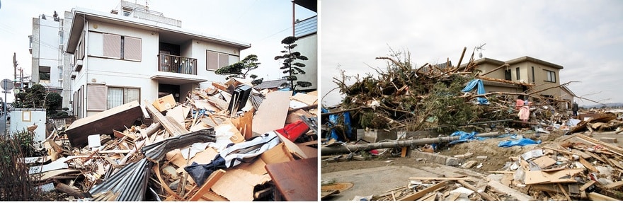 左:阪神淡路大震災、震度7の揺れでもひとつのガラス窓も割れなかった「パルコン」 右:東日本大震災。津波で押し寄せる瓦礫を食い止めた「パルコン」