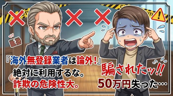 国内の金融庁登録業者だけを使え ─ 海外無登録業者は論外