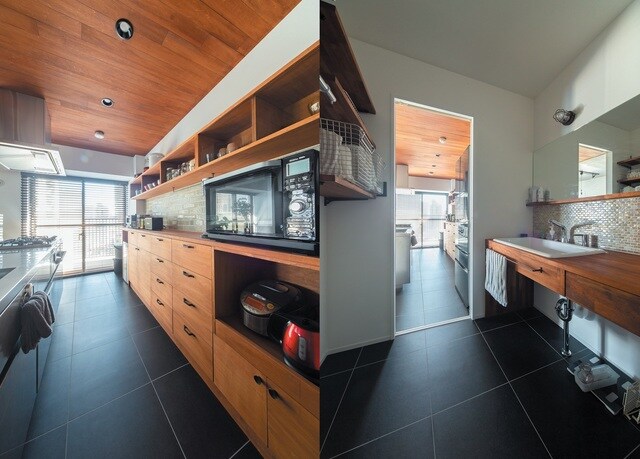 （左）造作家具による収納は天井との一体感。（右）実験シンクと洗面カウンター、木とタイルと鏡のバランス。