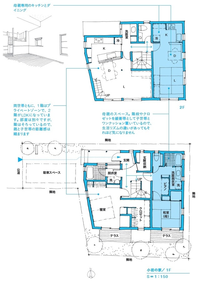 ※図表内の「→」は動線を表す。 子世帯と母親は、玄関・玄関収納・階段だけを共有し、そのほかのスペースは別々に配置しています。母親のスペースは1階に和室（寝室）と水廻り、2階にLDKを置いています。 出所：本間至著『間取りの解剖図鑑』（エクスナレッジ）