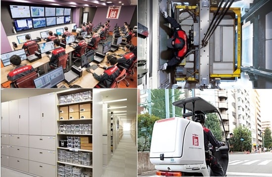 写真左上から時計回りで、JES社のコントロールセンター／JES社の質の高い保守・管理サービス／万一の災害時にも迅速に対応／多彩な部品が補完されているパーツセンター