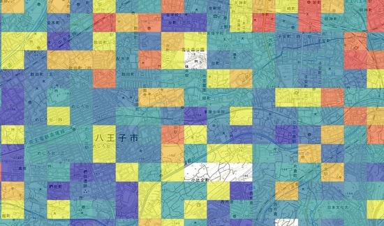 【図表3】「山田」駅周辺将来人口メッシュ 出所：国土交通省『250ｍメッシュ別将来人口データ（R6国政局推計）』