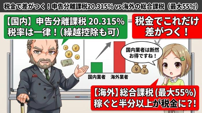 税金で差がつく！申告分離課税20.315% vs 海外の総合課税（最大55%）