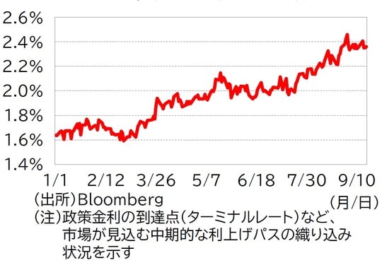 （出所）Bloomberg （注）政策金利の到達点（ターミナルレート）など、市場が見込む中期的な利上げパスの織り込み状況を示す