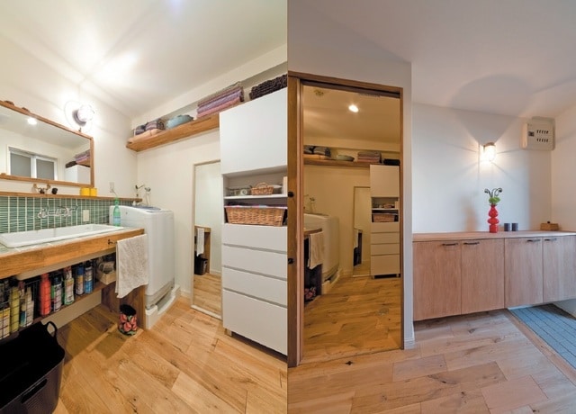 （左）実験シンク採用。二人が並べる洗面カウンター。（右）玄関の踏み込みを延伸させたウェルカム空間。