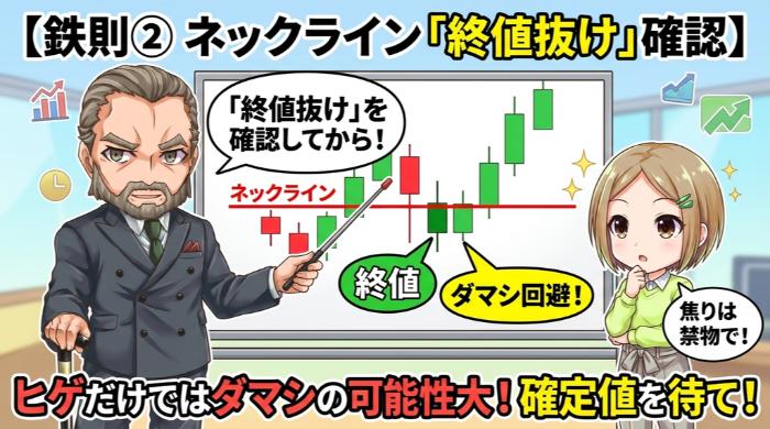 ネックラインの「終値抜け」を確認してからエントリーする