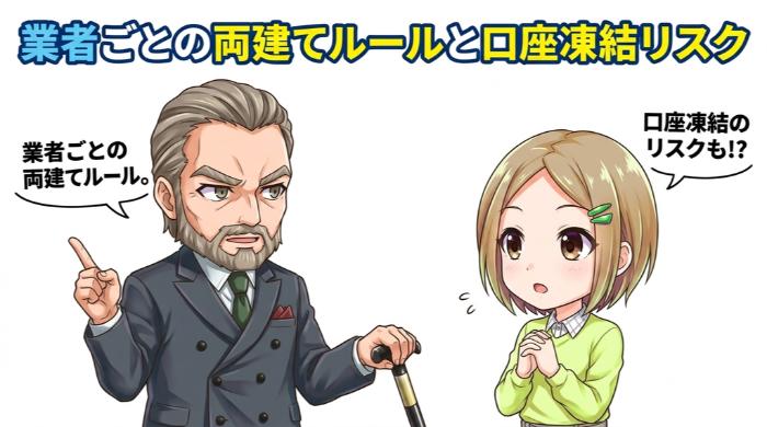 業者ごとの両建てルールと口座凍結リスク