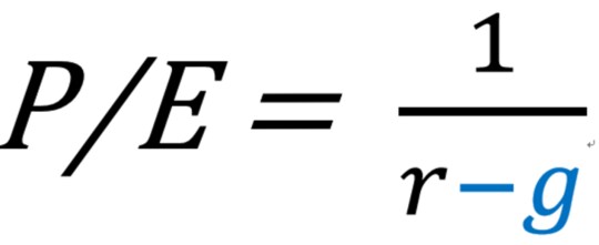 （上記式のPは株価、Eは利益、r は投資家の要求リターン（資本コスト）、g は成長率）
