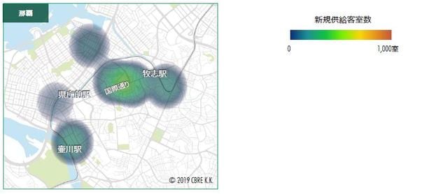 ［図表5］左／那覇の供給立地動向※2019～2021年　右／図表1～5共通 新規供給客室数ヒートマップ凡例