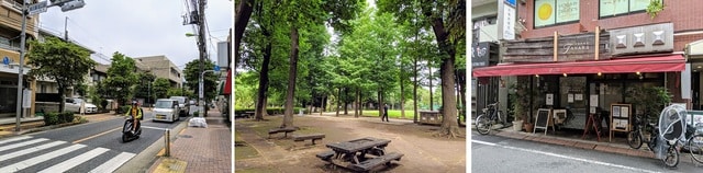 写真左より、低層の住宅街に緑が多く落ち着いた雰囲気／「羽根木公園」は地域住民の憩いの場／ジビエ料理も扱うビストロ。梅ヶ丘では食も楽しめる