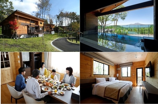 写真左上：ヴィラ外観　右上：浅間山を望む温泉棟　右下：ベッドルーム　左下：ダイニングで家族団らん