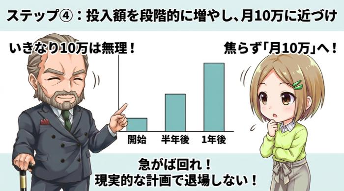 投入額を段階的に増やし、月10万に近づけ