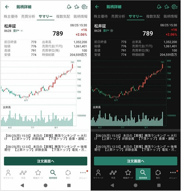 「ライトモード」（左）と「ダークモード」（右）