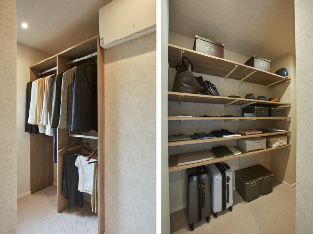クローゼットの設備も充実。衣服の収納だけでなく、大きなバッグ類や小物類の収納スペースも行き届いている。
