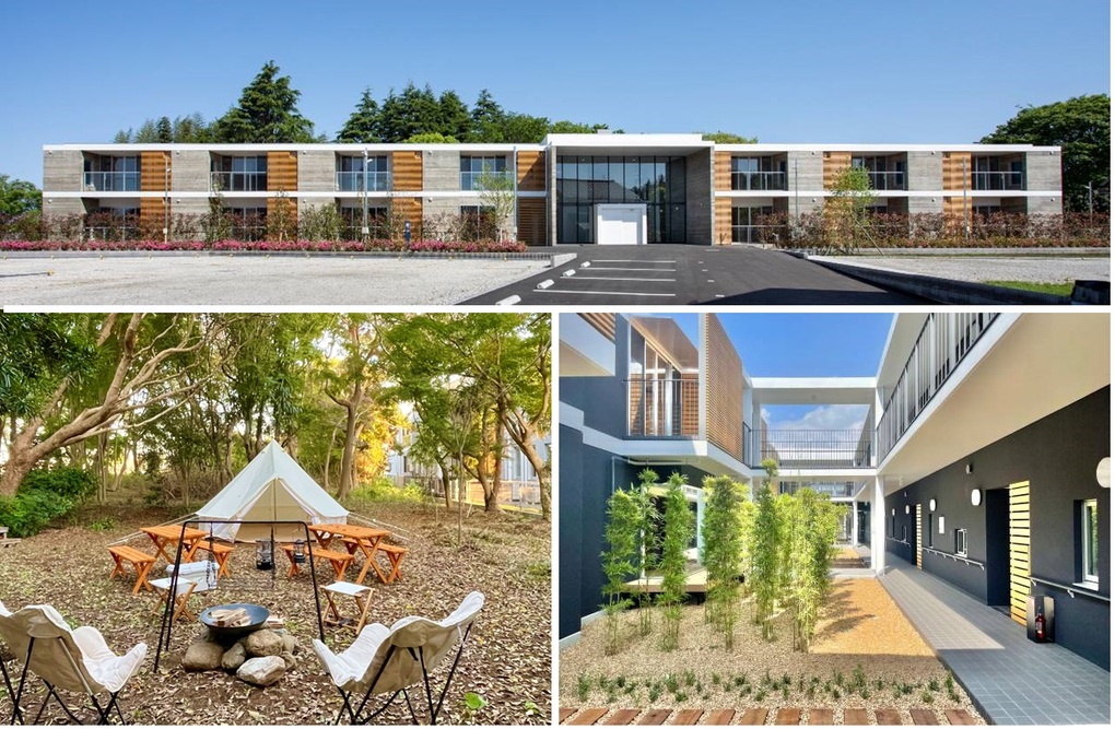 写真上：外観　下左：施設北側ではキャンプも　下右：施設中庭