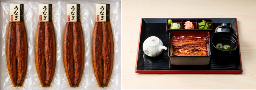 左：「冷凍うなぎパック（4食分）」　右：「うな重＜竹＞」