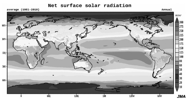 ［図表1］世界の日射量分布 出所：気象庁「JRA-25アトラス」
