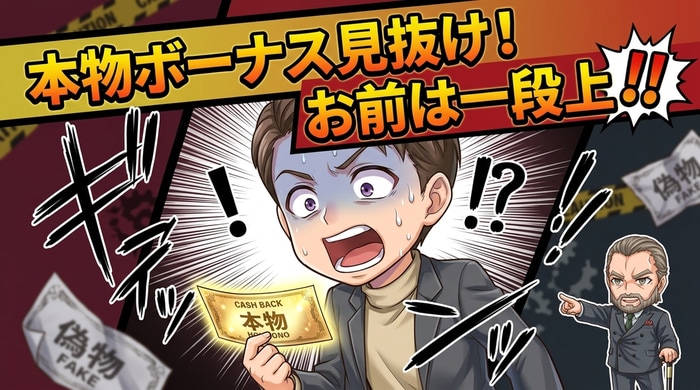 本物（国内業者の現金キャッシュバック）vs偽物（海外業者の出金不可ボーナス）の比較表