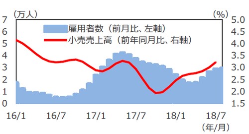 （注）データは2016年1月～2018年8月。ただし、小売売上高の直近は2018年7月。 （出所）Datastreamのデータを基に三井住友アセットマネジメント作成