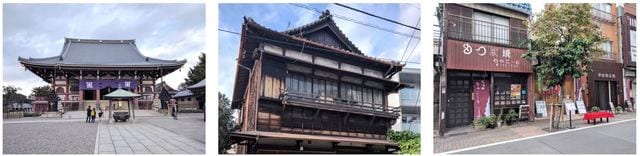 写真左より、700年の歴史を持つ日蓮宗の大本山「池上本門寺」／古民家を再生して作られたカフェ「蓮月」は、人も物も大切にする池上ならでは／門前町らしい雰囲気の「本門寺通り商店会」
