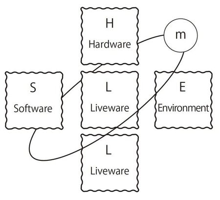 ①S：Software=マニュアル、手順書、基準書、教育用資材など ②H：Hardware=機械、器具、装置の設計、掲示板、それぞれの設備の配置など ③E：Environment=作業環境、作業特性、作業を行う場の雰囲気など ④L：Liveware=関係する人、職場の上司、職場の同僚・仲間など ⑤L：Liveware=中心で活動を行う人（本人） ⑥m：management=マネジメント