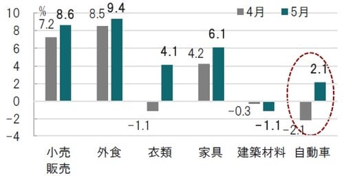 ［図表2］中国小売売上主な項目の売上変化率の推移 月次、期間：2019年4月（左）、2019年5月（右）、前年同月比 出所：ブルームバーグのデータを使用してピクテ投信投資顧問作成