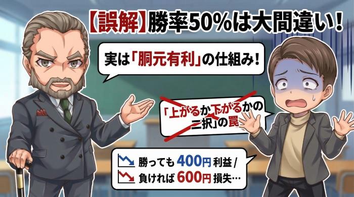 「上がるか下がるかの二択だから勝率50%」