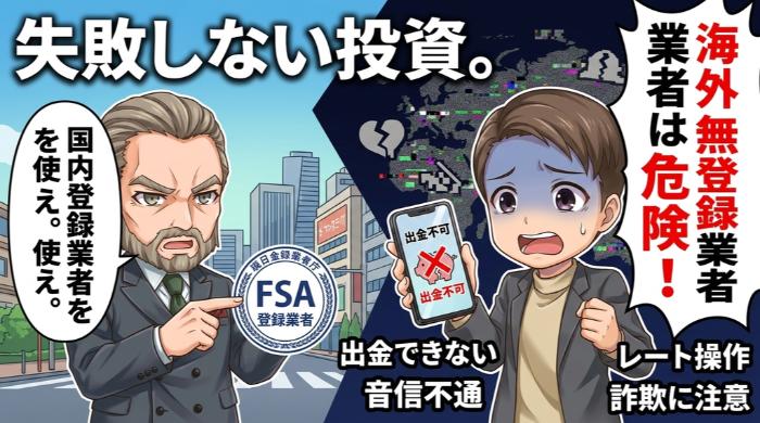 金融庁登録の国内バイナリーオプション業者と無登録海外業者の安全性の違いを示す図