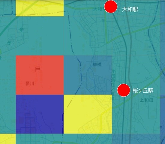 【図表2】「桜ヶ丘」駅周辺将来人口メッシュ 出所：国土交通省『メッシュ別将来人口推計（平成30年推計）』