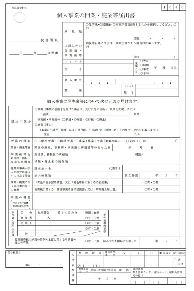 出所：国税庁「個人事業の開業届出・廃業届出等手続」